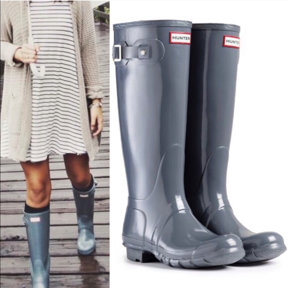 Hunter light gray shiny knee high rain boots